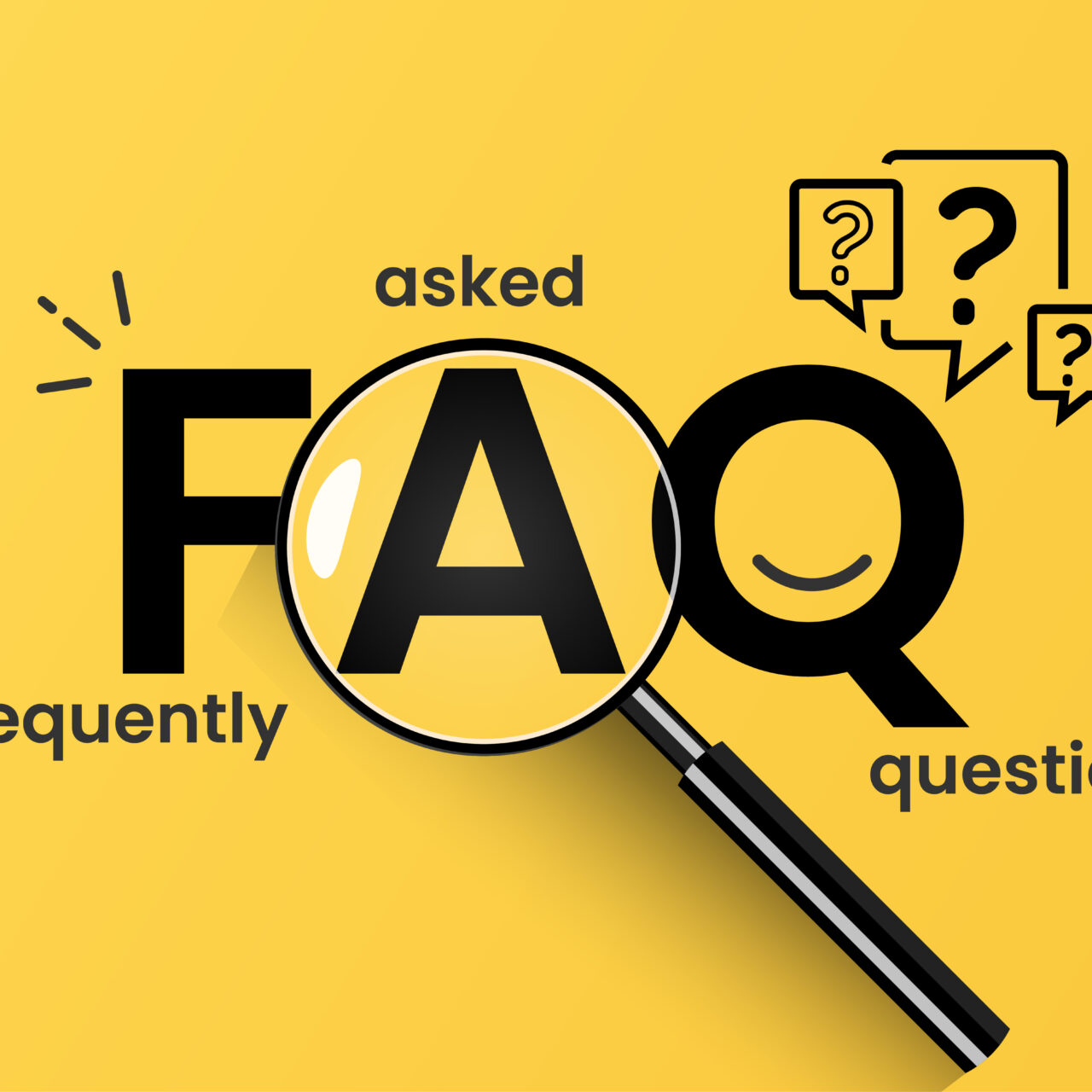 Frequently Asked Questions or FAQ with magnifying glass and speech bubbles
